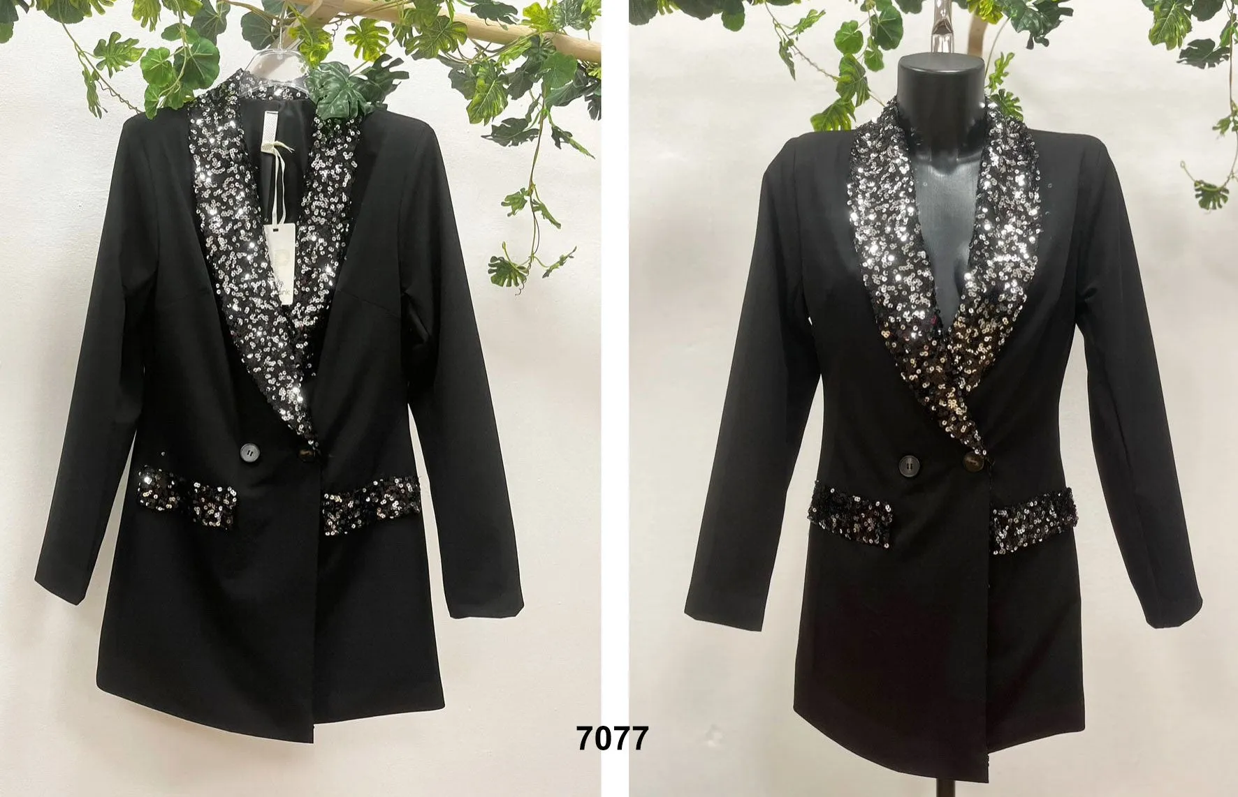 Abito Nero Elegante Blazer Collo Dritto Tasche Estetiche in Paillettes Vestito Cocktail Corto - 7077