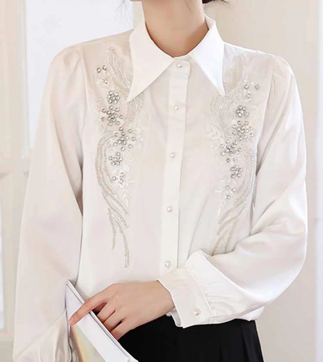 Camicia bianca elegante alla moda Colletto rovesciato Top a maniche lunghe da donna Camicetta di diamanti Abiti con paillettes a