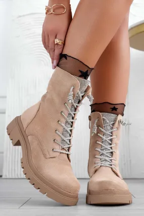 MOIRA - Stivaletti anfibi beige con lacci e lingua gioiello
