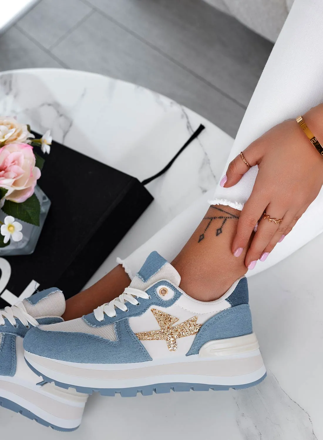TYLER - Sneakers blu jeans con inserti glitter oro