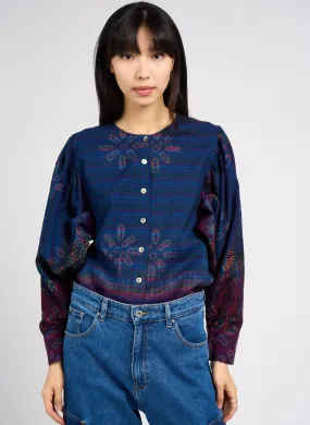  V DE VINSTER   NILAI IKAT - Camicia scollo tondo in cotone stampato | Blu